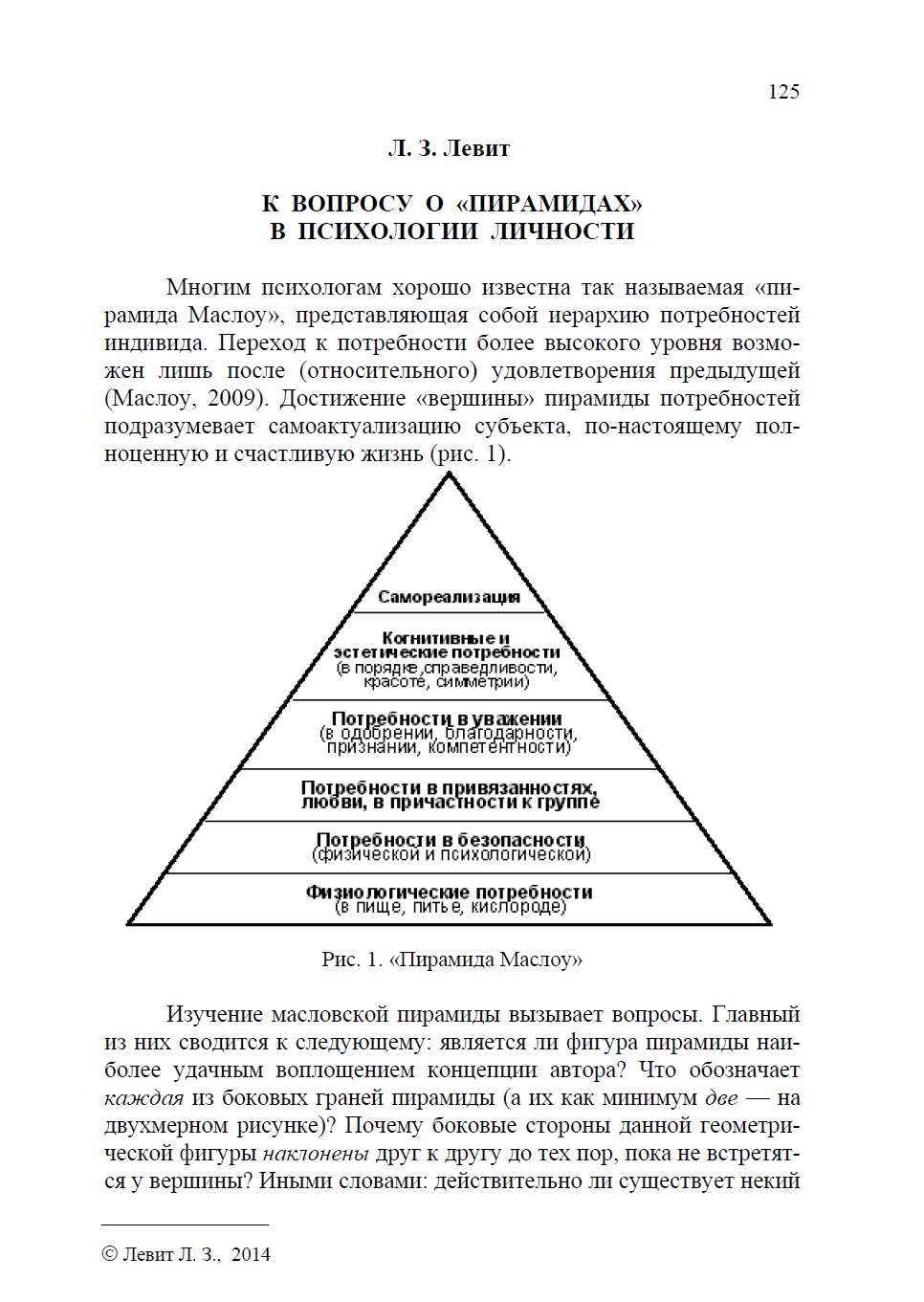 Левит Л.З. К вопросу о «пирамидах» в психологии личности. // Психология  третьего тысячелетия. Дубна, 2014. С. 125-130.